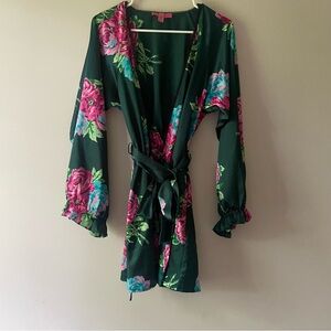 Betsey Johnson Intimates XS Luxury Floral Dark Green Kimono Robe Pockets